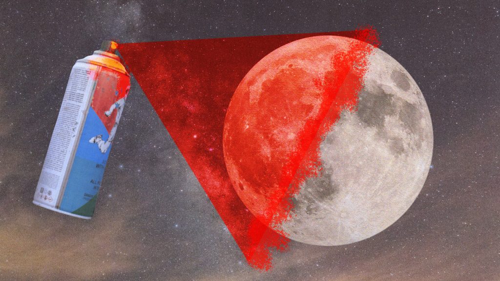 Montage d’une bombe de peinture rouge colorant la Lune
