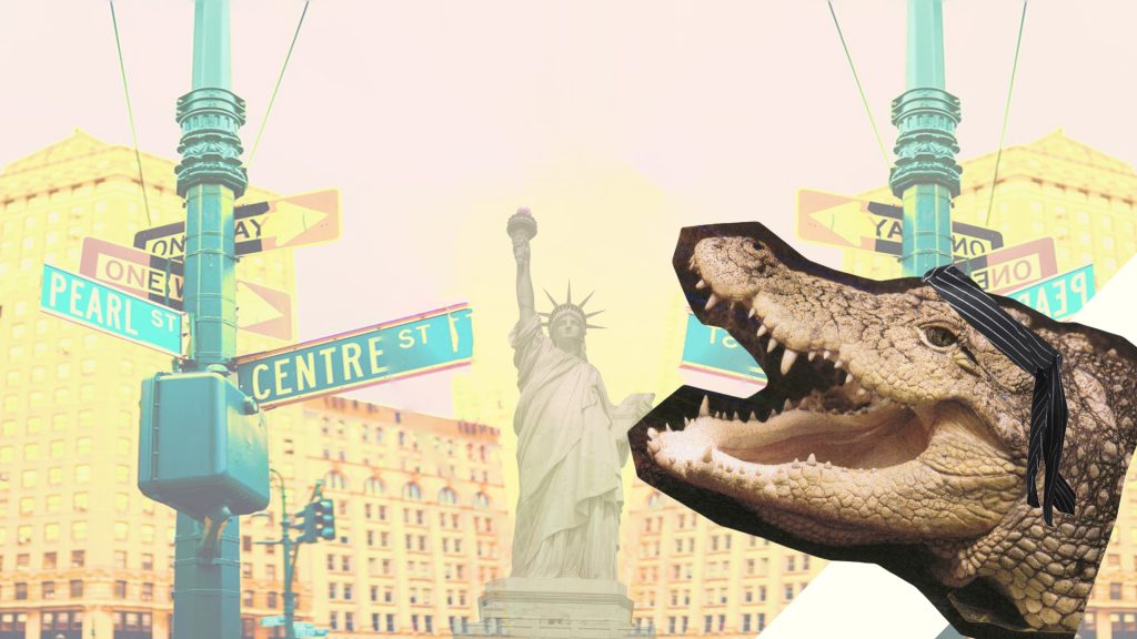 Tête de crocodile devant des immeubles new-yorkais, photomontage