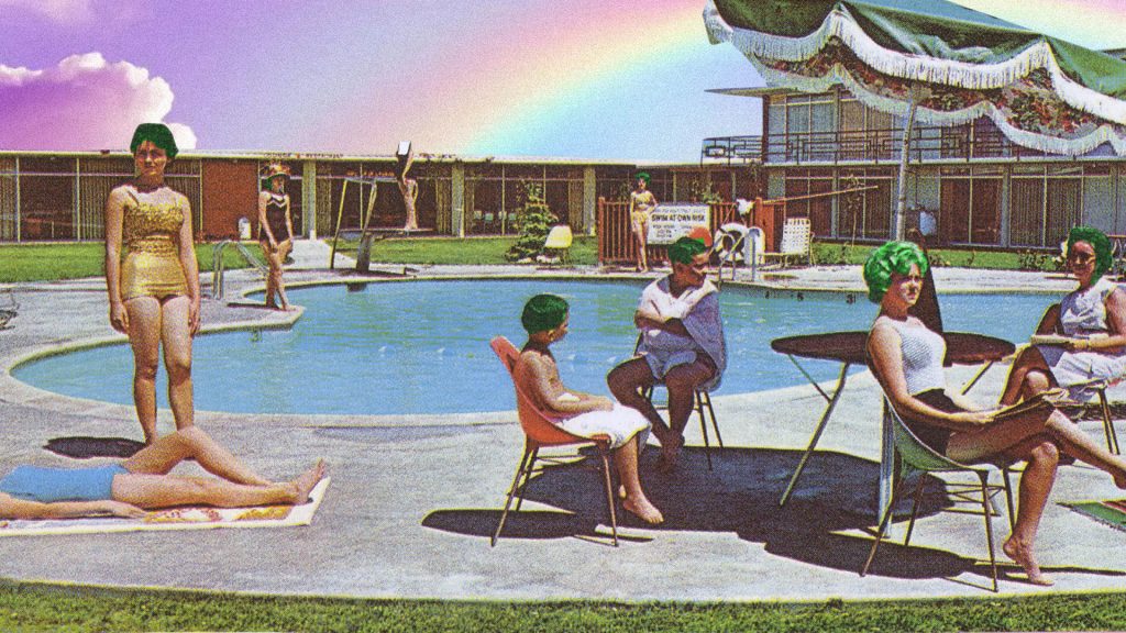 Photomontage d’une piscine et de baigneurs sous un arc-en-ciel