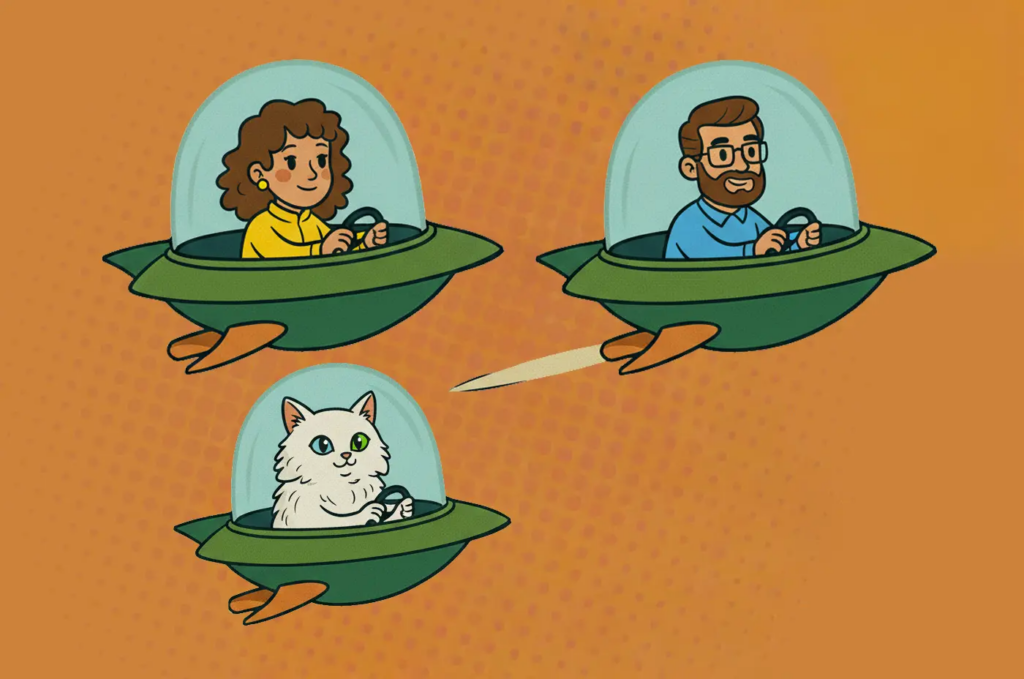 Trois personnages à bord de petites soucoupes volantes, illustration humoristique