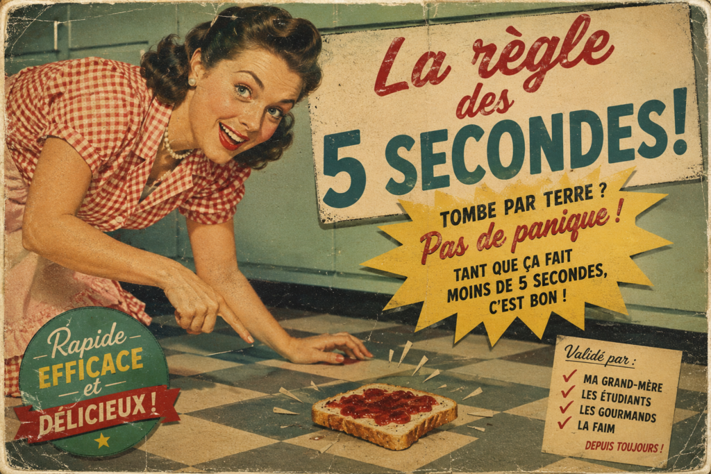 Affiche rétro consacrée à la règle des cinq secondes pour les aliments tombés au sol