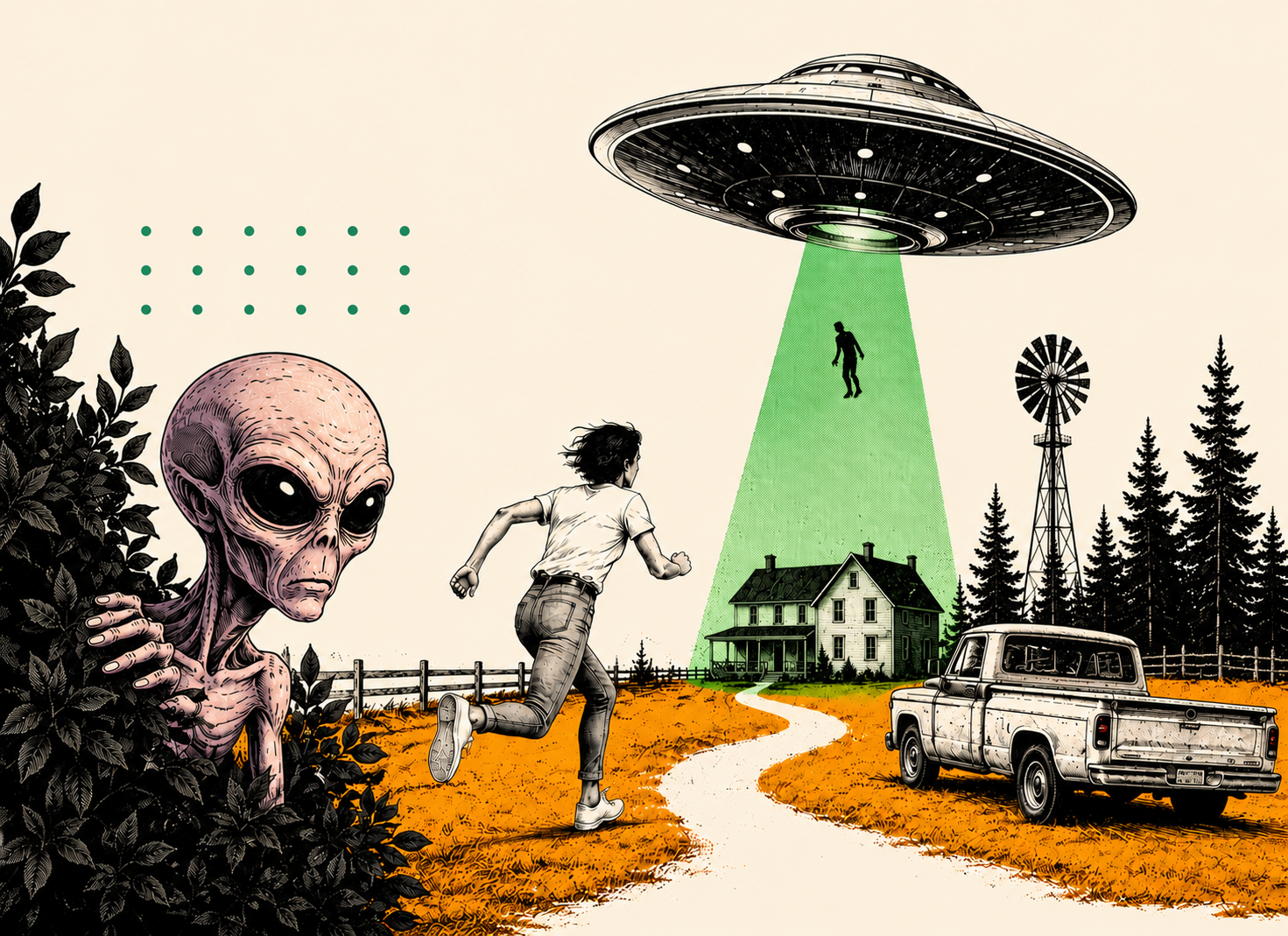 Collage d’un extraterrestre, d’un astronaute et d’une soucoupe volante devant une forêt