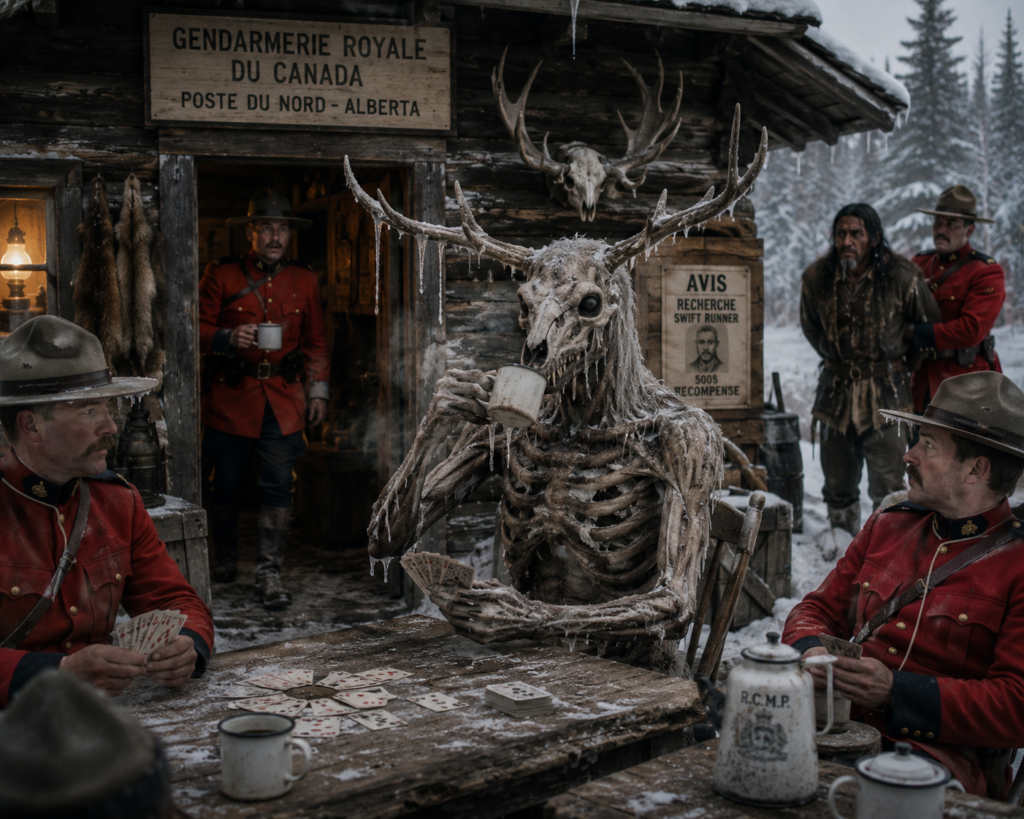 Créature cornue installée près d’un chalet, entourée de visiteurs