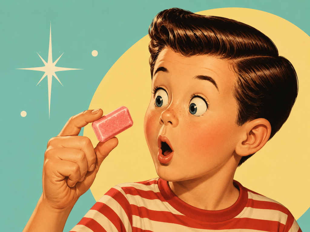 Garçon tenant un chewing-gum rose, illustration rétro