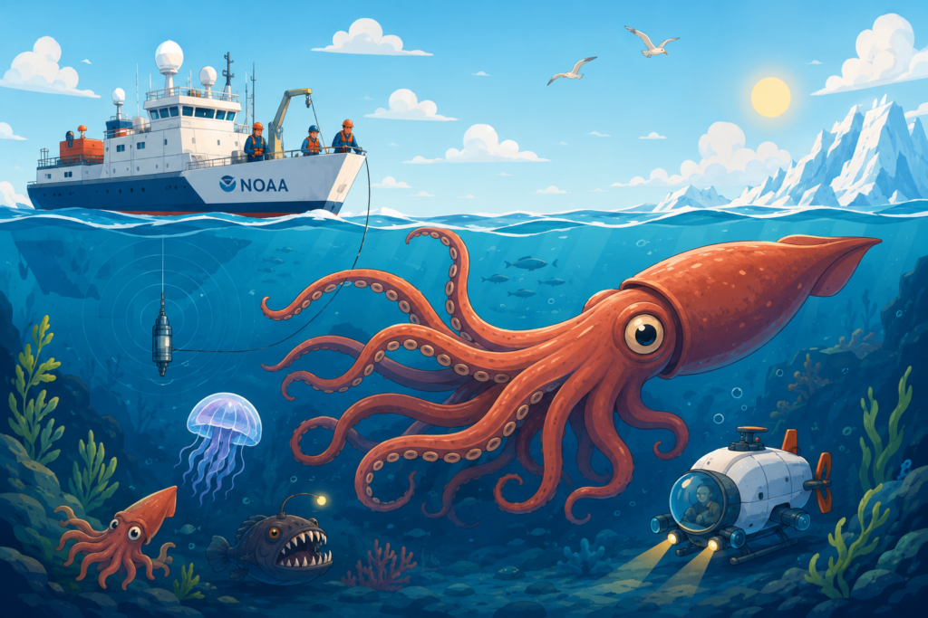 Pieuvre géante sous un navire, illustration de la légende du kraken