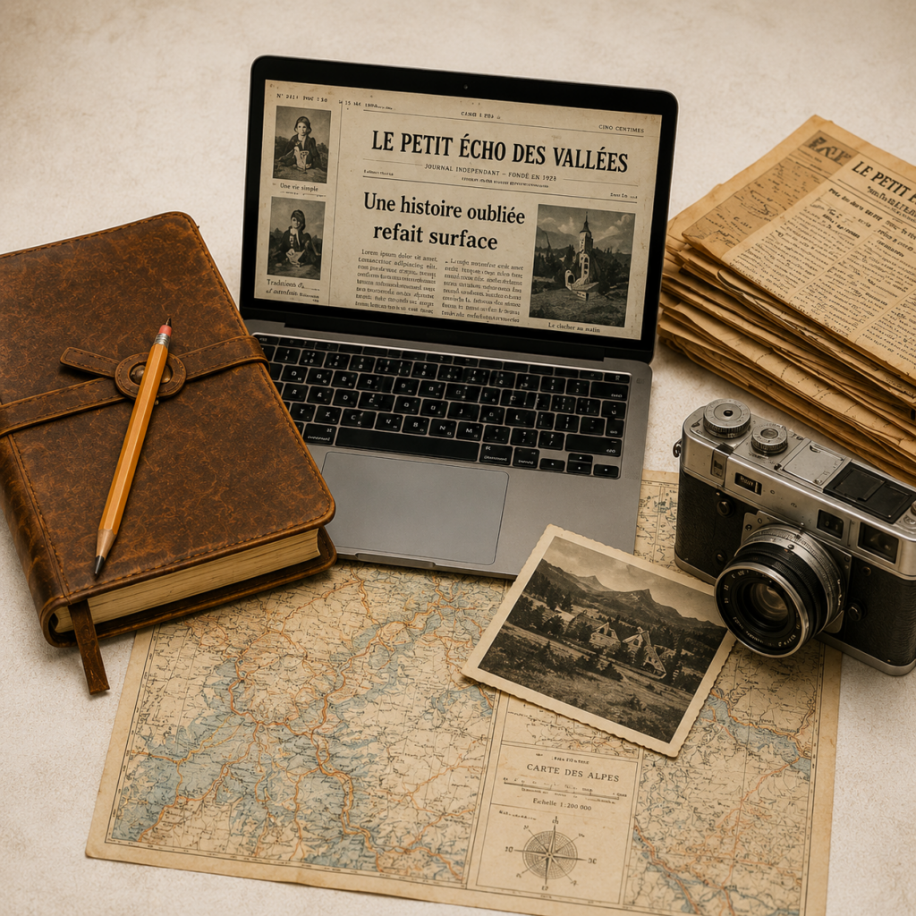 Carnet, carte ancienne, appareil photo et ordinateur disposés sur un bureau