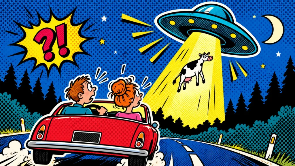 Illustration rétro d’une soucoupe volante survolant une voiture dans la nuit