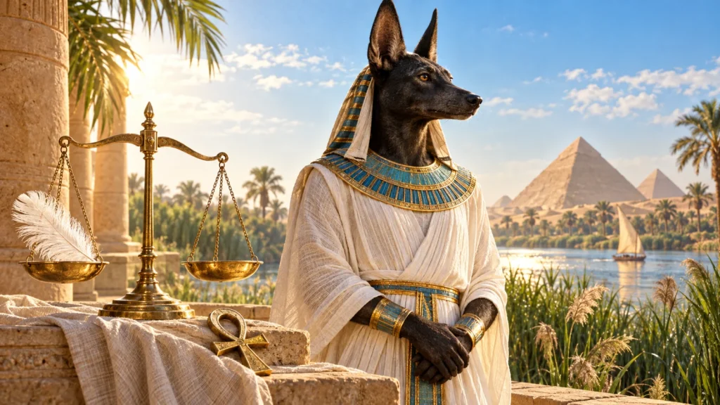 Photomontage d’Anubis à tête de chacal noir près d’une balance dorée et d’une plume, devant un paysage du Nil.