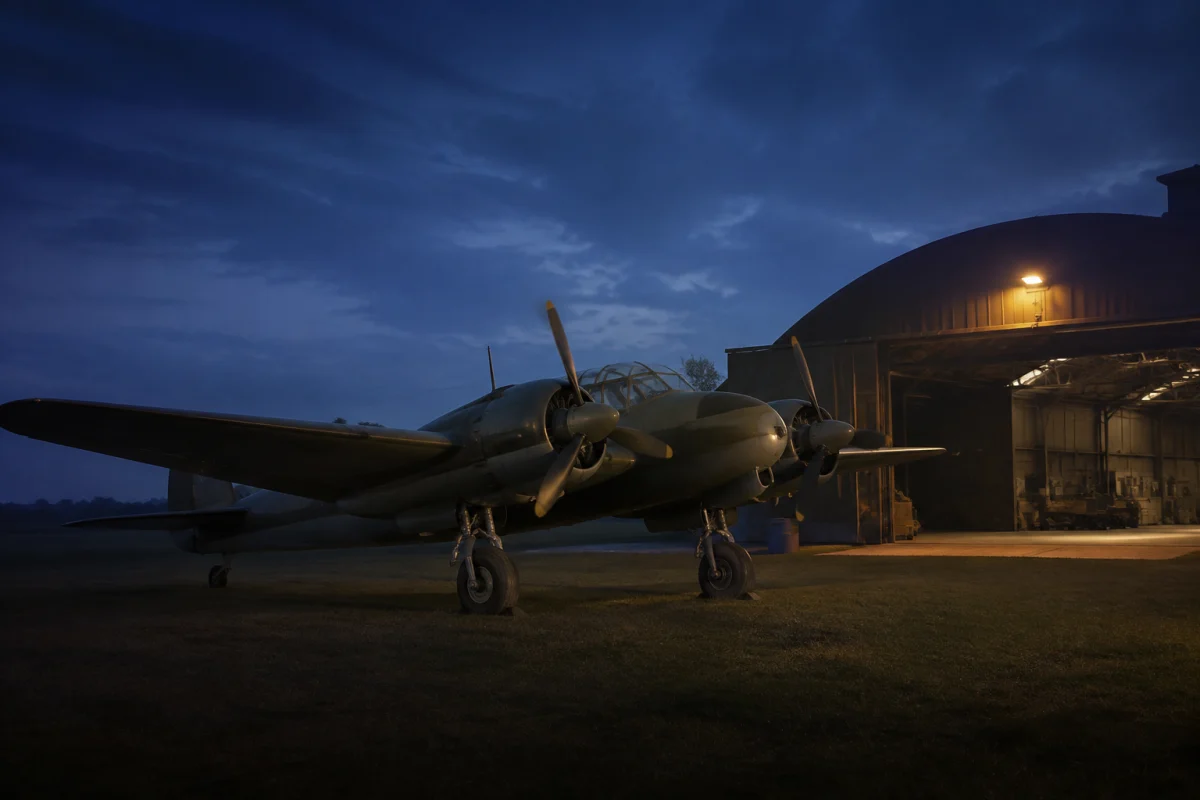 Illustration IA : Avion bimoteur à hélices devant un hangar au crépuscule, évocation historique.