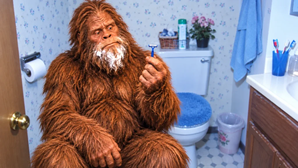 Bigfoot très poilu tenant un petit rasoir, éclairé chaudement devant une salle de bains bleutée.
