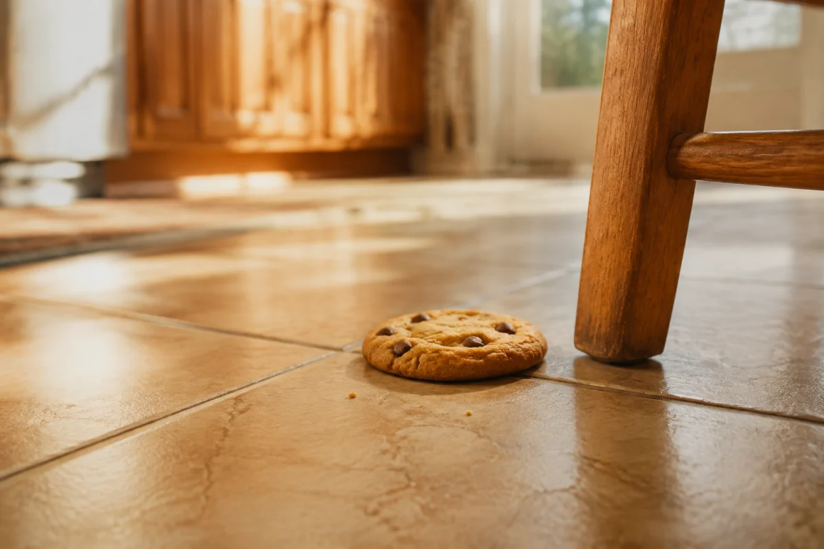 Illustration IA : Biscuit tombé sur le carrelage d’une cuisine, près d’un pied de chaise.
