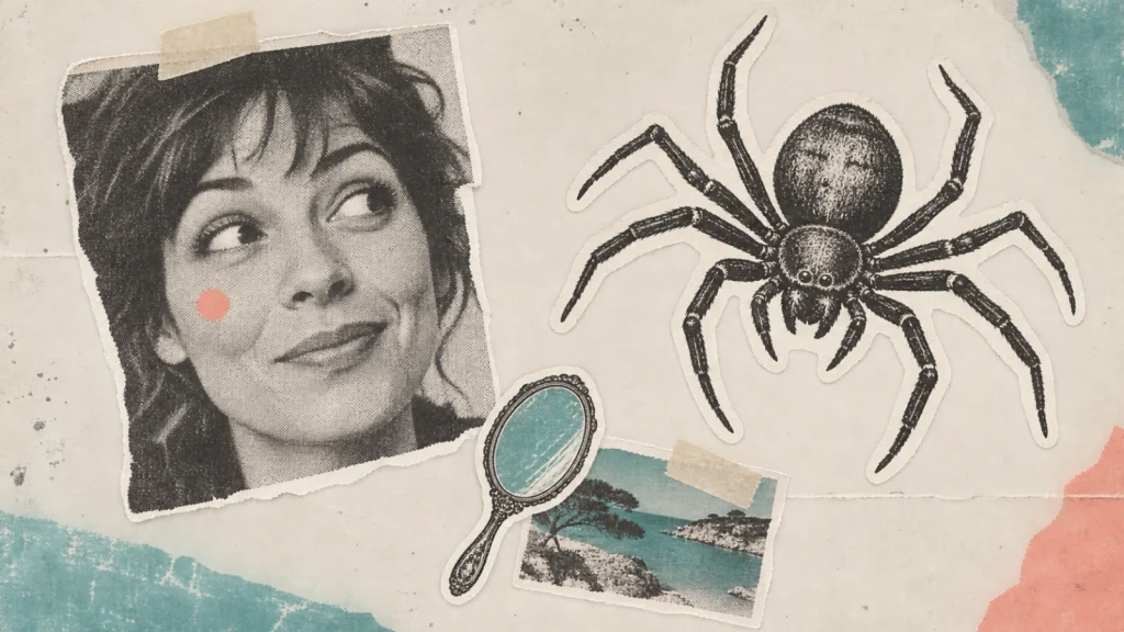Collage de stickers : visage de femme avec une petite marque rose, grande araignée dessinée et miroir sur du papier usé.