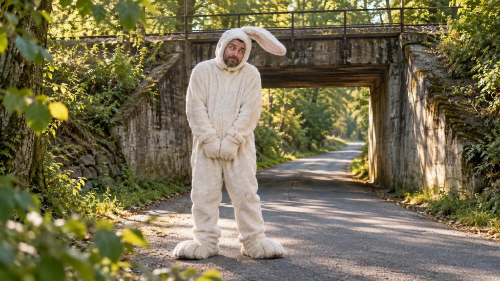 Homme au costume de lapin blanc, une oreille tombante et un air embarrassé, devant un petit pont dans un paysage boisé ensoleillé.