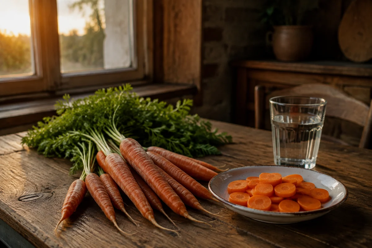 Illustration IA : Carottes fraîches et rondelles dans une assiette sur une table de cuisine.