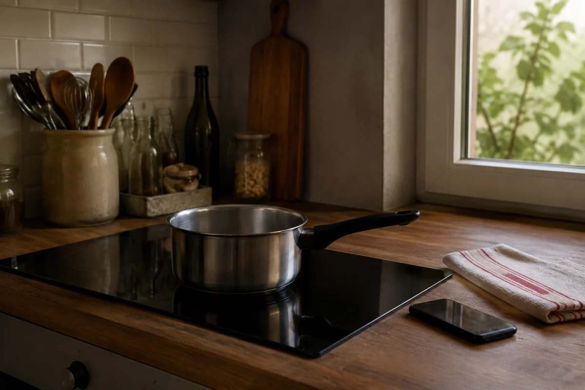 Illustration IA : Casserole, torchon et téléphone posés dans une cuisine familiale.