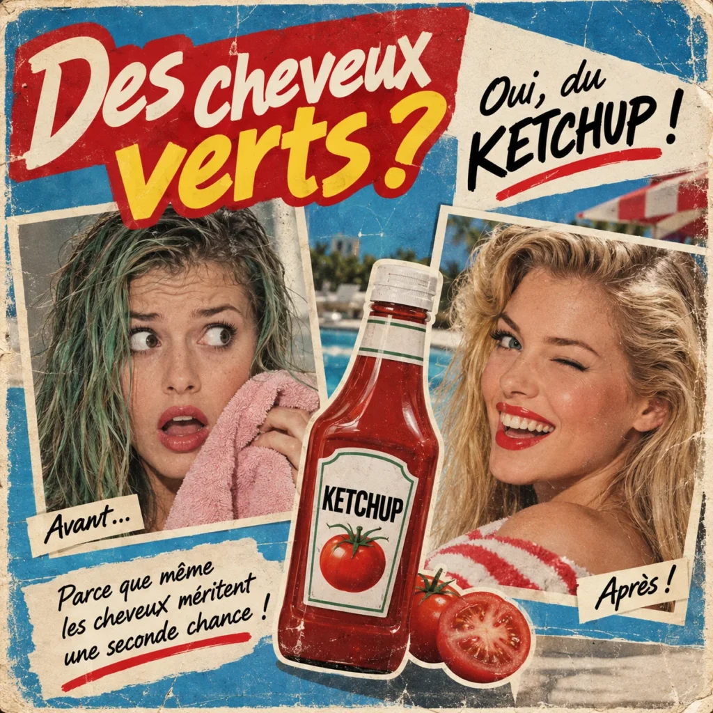 Montage publicitaire rétro associant cheveux verts et ketchup