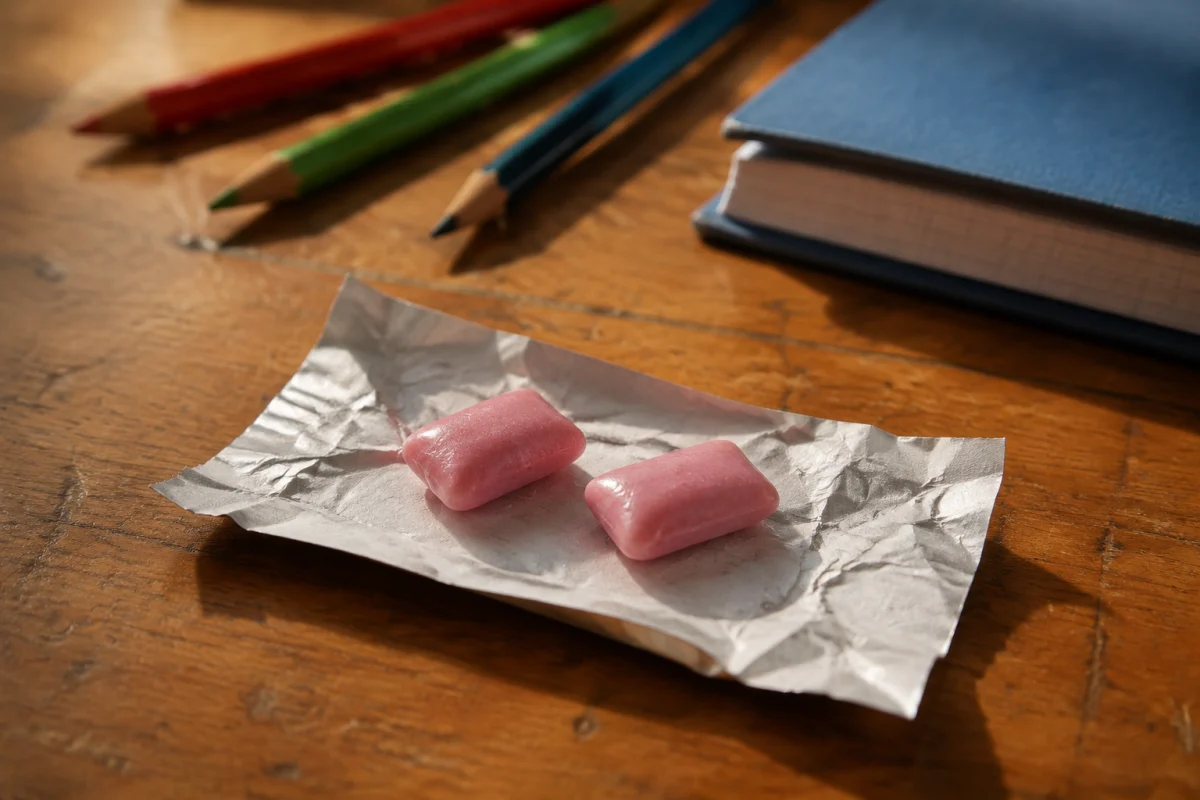 Illustration IA : Deux chewing-gums roses sur leur papier, près de crayons et d’un cahier.