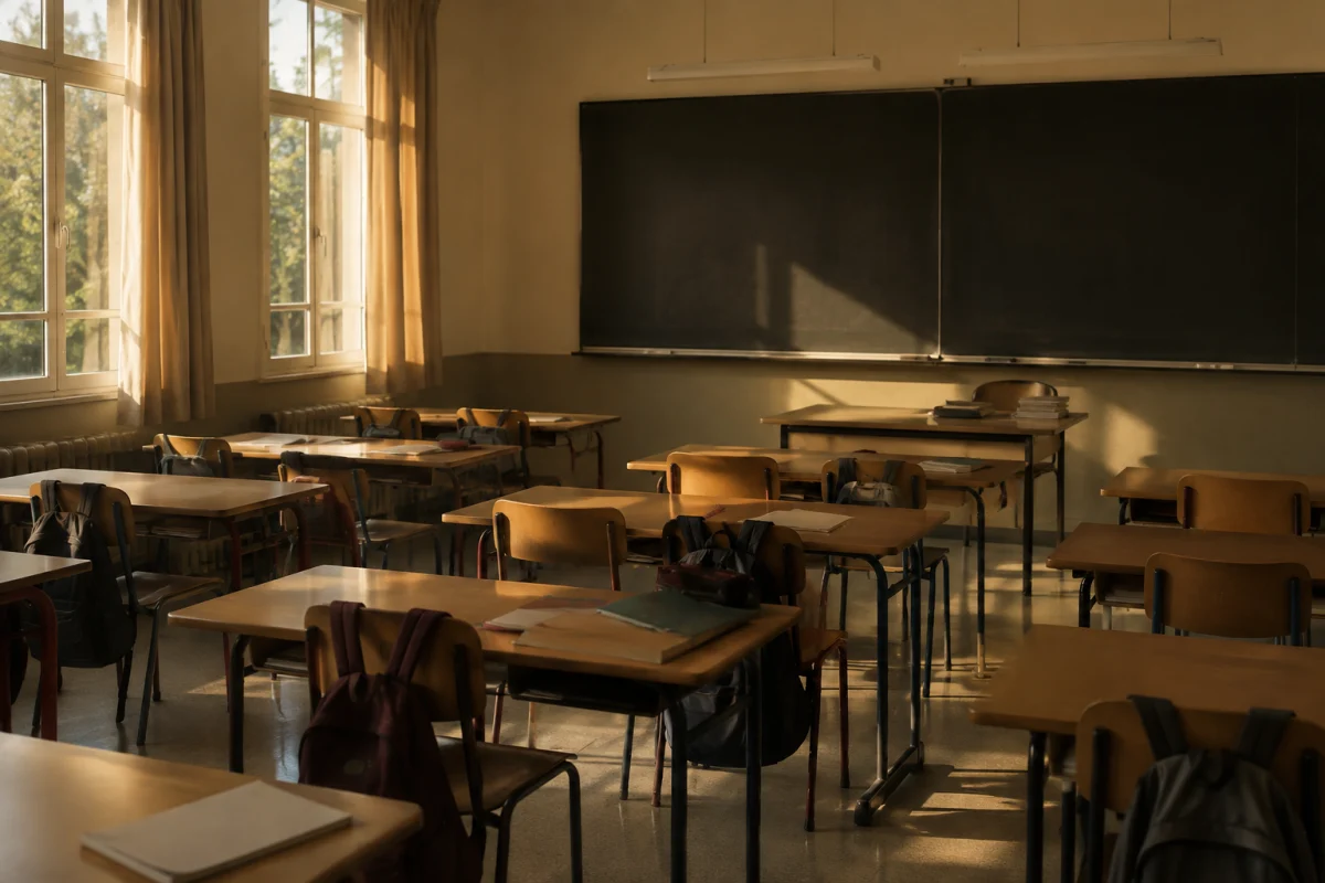 Illustration IA : Salle de classe vide avec pupitres et sacs dans la lumière de fin de journée.