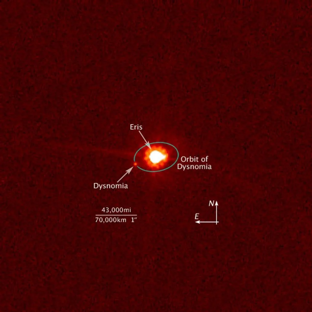 Point lumineux d’Éris avec sa petite lune Dysnomie à gauche dans une observation de Hubble