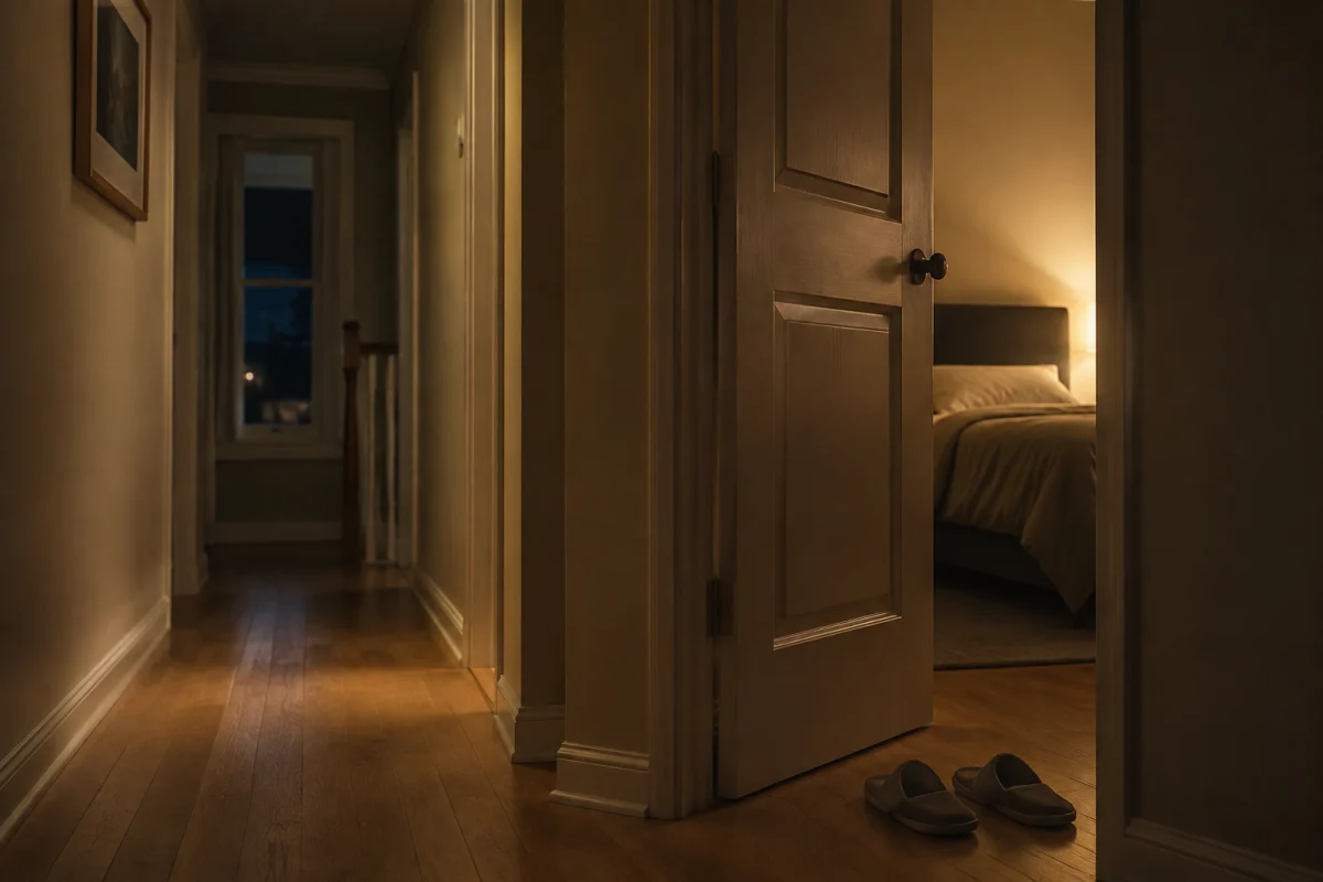 Illustration IA : Couloir nocturne, porte de chambre entrouverte et chaussons au sol.