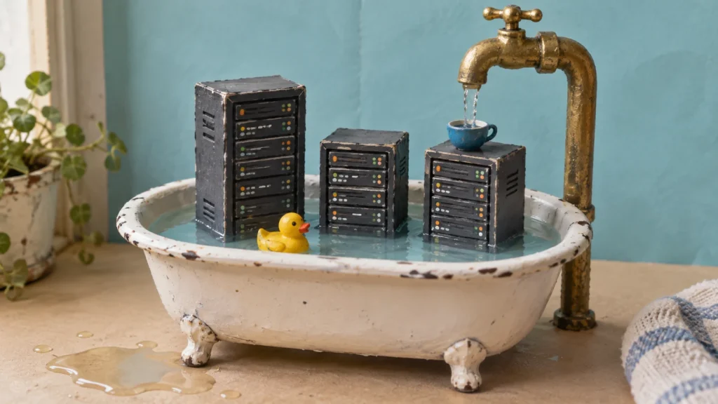 Maquette imaginaire de serveurs dans une baignoire, avec un gros robinet et un petit canard jaune.