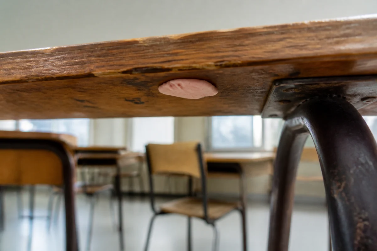 Illustration IA : Petit chewing-gum aplati sous le plateau d’un ancien pupitre d’école.