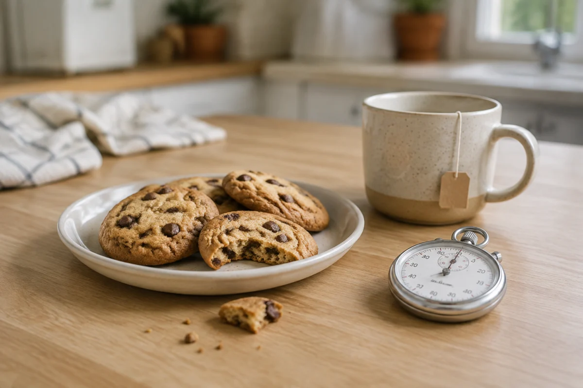 Illustration IA : Assiette de biscuits, tasse et chronomètre sur une table de cuisine.