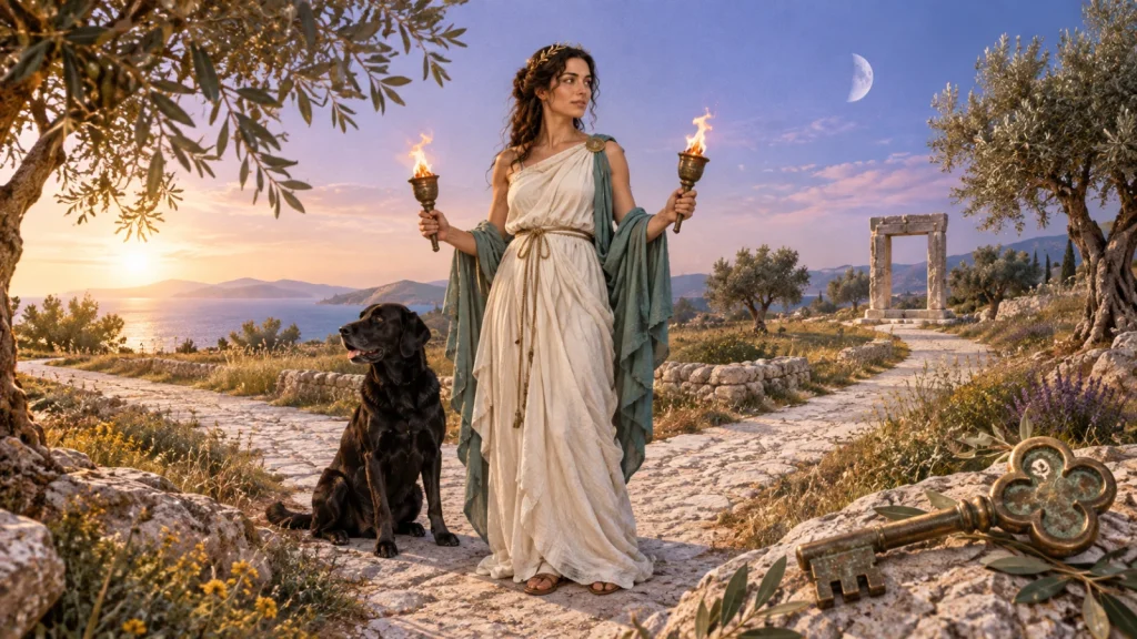 Photomontage d’Hécate tenant deux torches au croisement de trois chemins, accompagnée d’un chien calme et d’une clé ancienne.