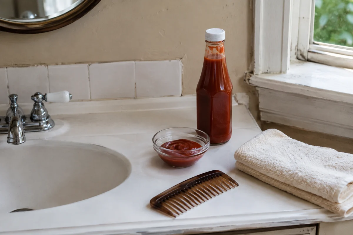 Illustration IA : bol de ketchup, bouteille sans marque et peigne près d’un lavabo.