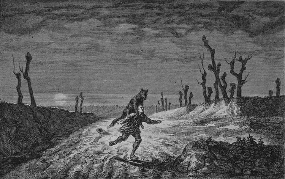 Gravure ancienne montrant un voyageur surpris sur un chemin bordé d’arbres dénudés.