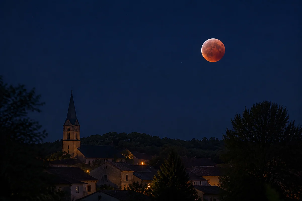 Illustration IA : Lune rouge au-dessus des toits d’un village, dans un ciel nocturne.