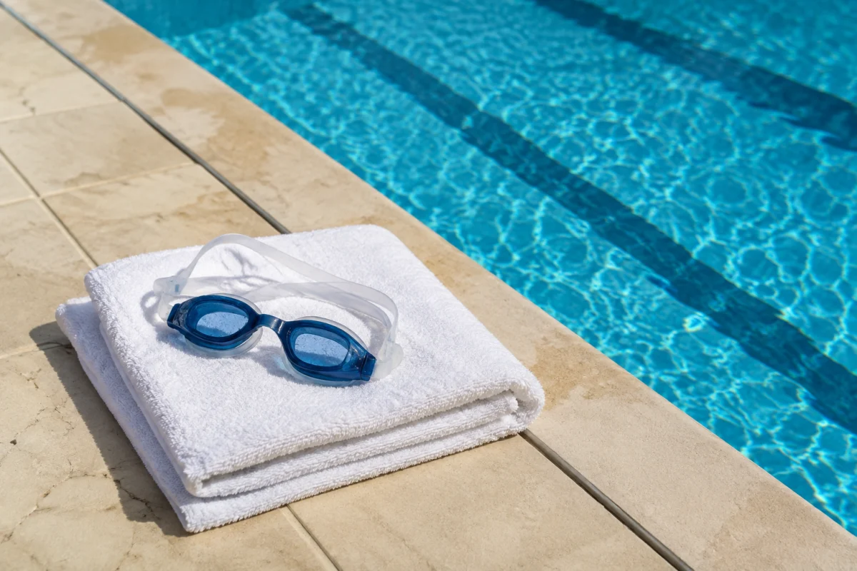 Illustration IA : Lunettes de natation sur une serviette au bord d’une piscine bleue.