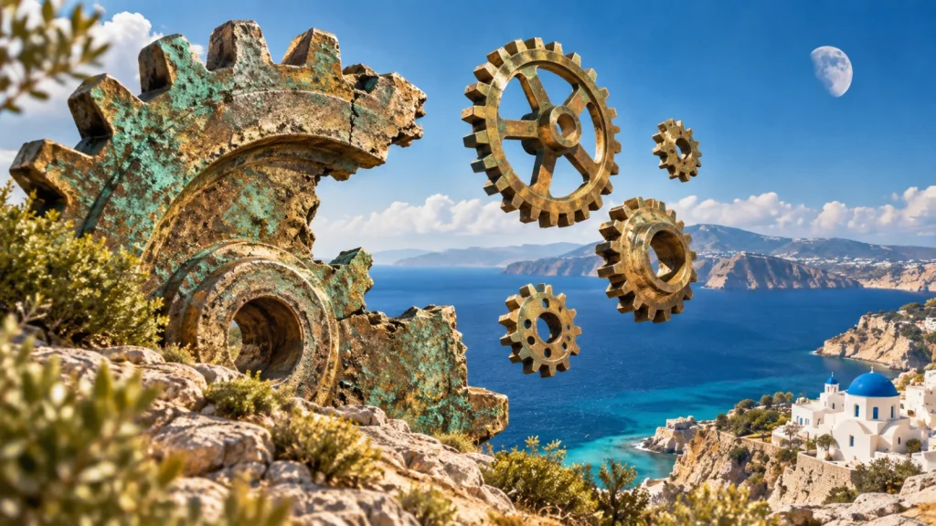 Photomontage d’un fragment d’engrenage en bronze patiné et de roues dentées devant la mer Égée.