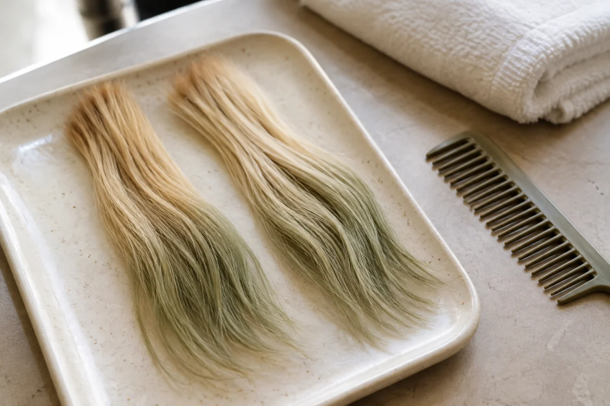 Illustration IA : deux mèches blondes aux reflets verdâtres sur un plateau, près d’un peigne.