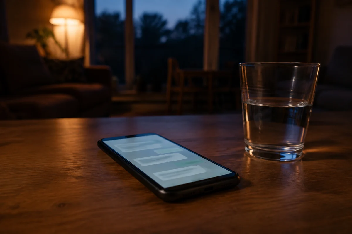 Illustration IA : Téléphone affichant des formes de messages flous dans un salon le soir.