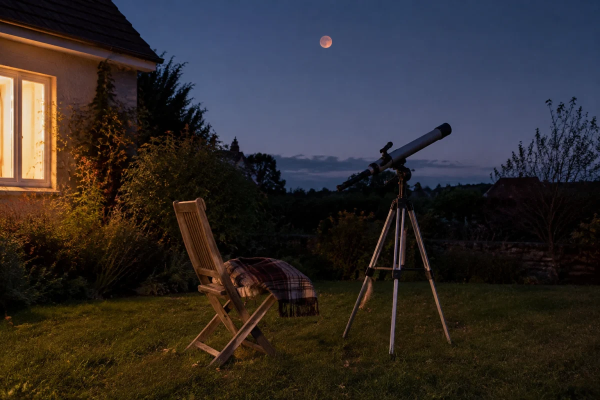 Illustration IA : Télescope et chaise installés dans un jardin pour observer une éclipse lunaire.