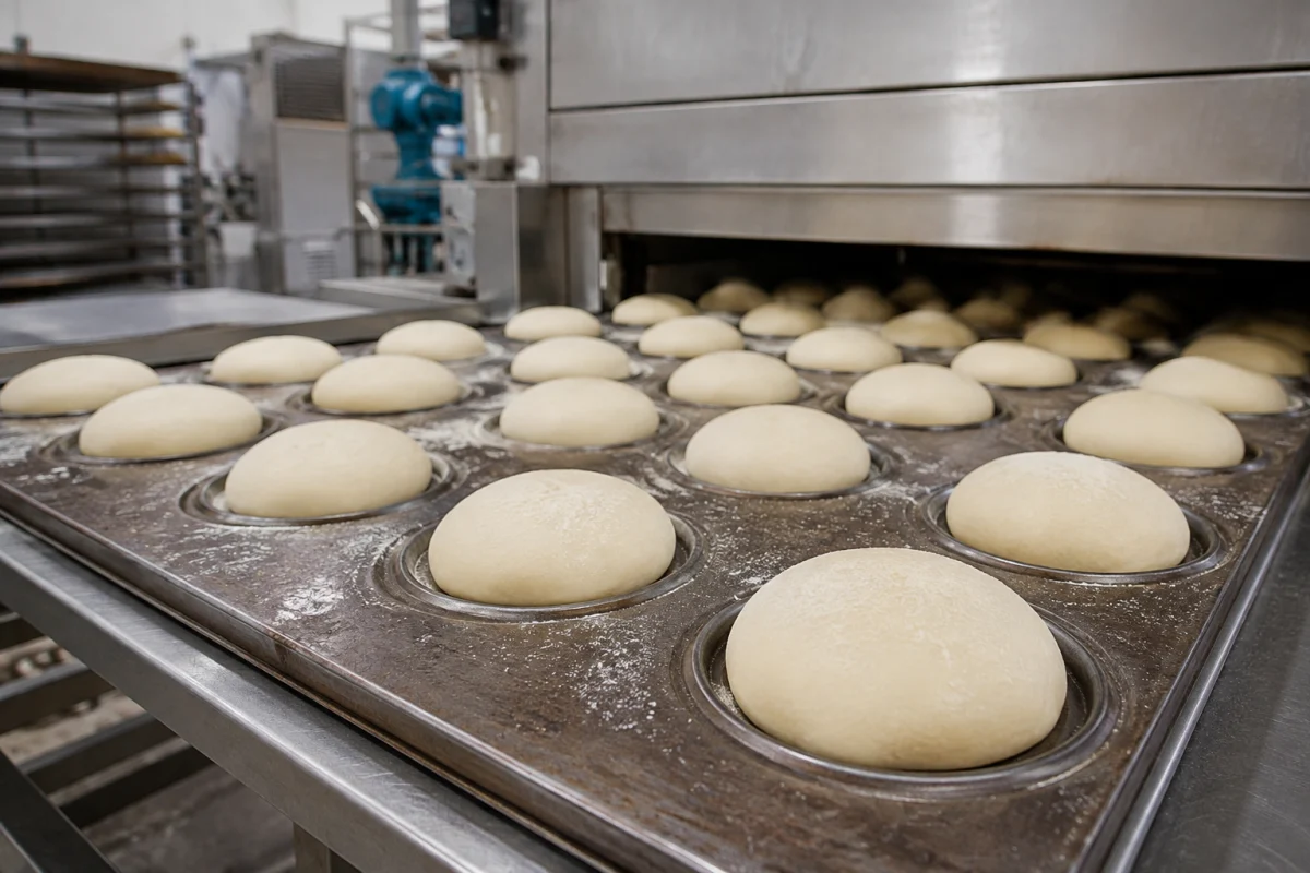 Illustration IA de pâtons ronds dans des plaques de cuisson devant un four industriel.
