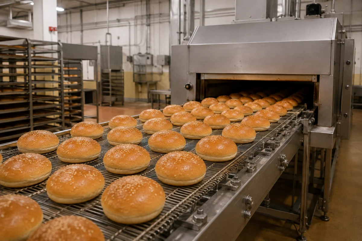 Illustration IA de pains à burgers dorés sur un convoyeur de boulangerie industrielle.