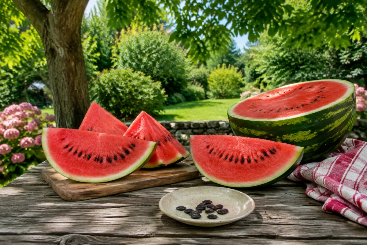 Illustration IA : Tranches de pastèque et petite assiette de pépins sur une table de jardin.