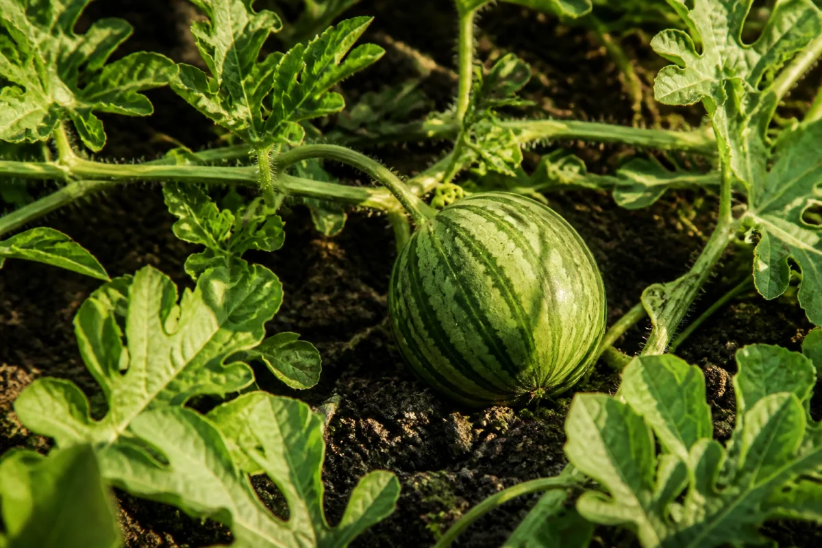 Illustration IA : Pastèque poussant au sol parmi les feuilles et les vrilles de son plant.