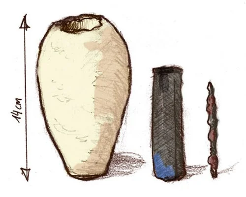 Dessin présentant séparément le récipient en terre cuite, le cylindre métallique et la tige de la pile de Bagdad.