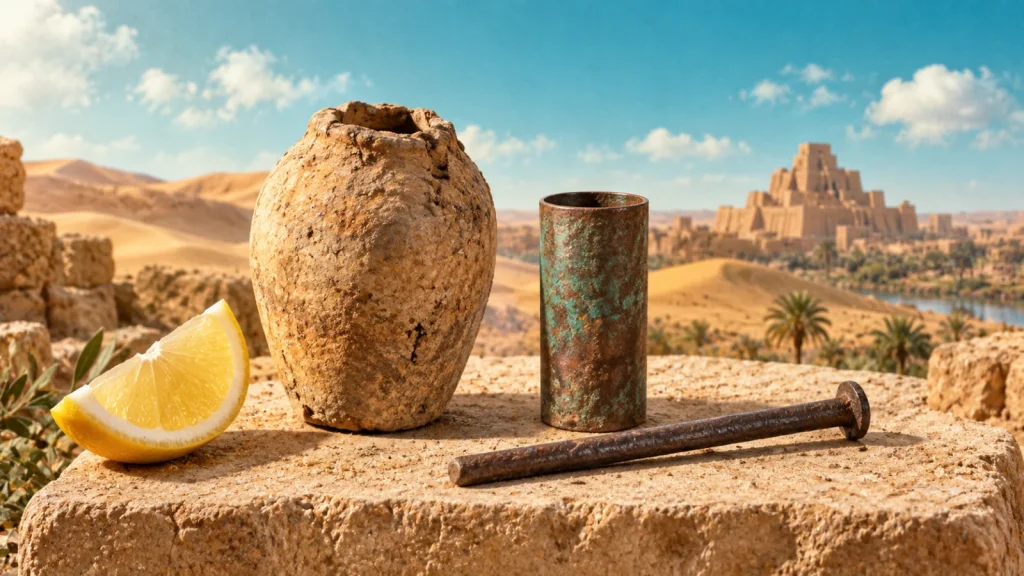 Photomontage d’un pot de terre cuite, d’un cylindre de cuivre et d’une tige de fer devant un paysage désertique.