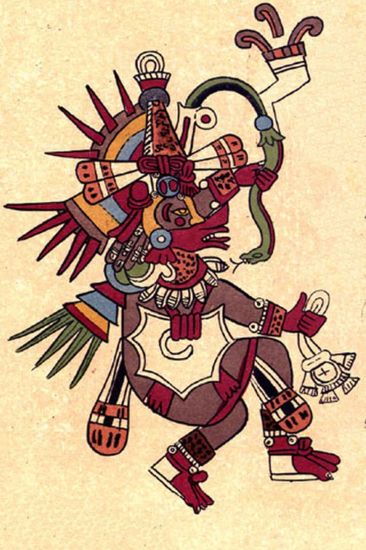 Représentation colorée de Quetzalcoatl, avec ses ornements, dans le Codex Borbonicus.
