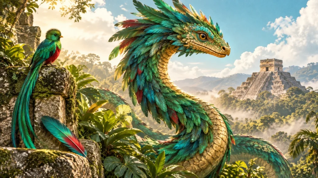 Photomontage d’un serpent aux plumes vertes et turquoise devant une pyramide mésoaméricaine sous un ciel lumineux.