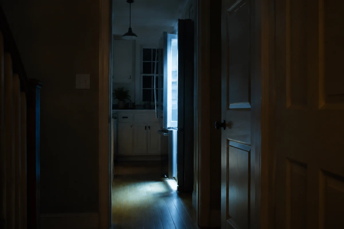 Illustration IA : Réfrigérateur entrouvert éclairant une cuisine vide pendant la nuit.