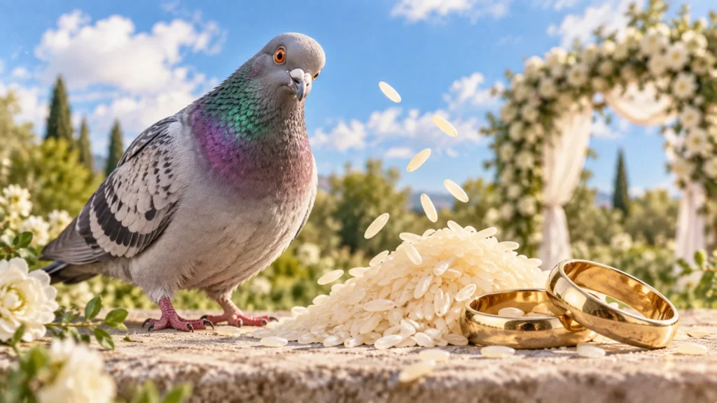 Photomontage d’un pigeon près de grains de riz et de deux alliances dans un jardin lumineux.
