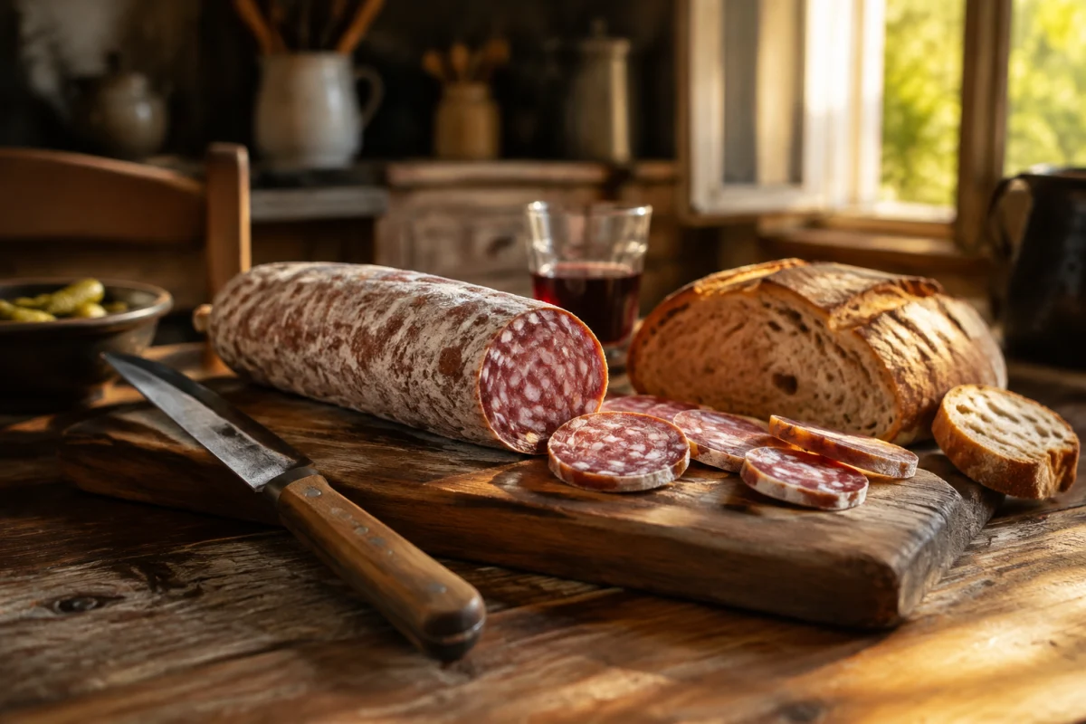 Illustration IA : Saucisson tranché, pain et couteau posés sur une planche en bois.