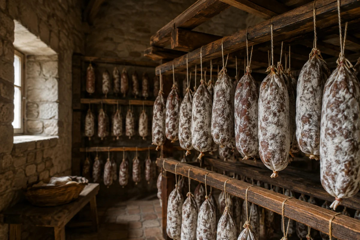 Illustration IA : Saucissons suspendus dans une pièce de séchage artisanale.