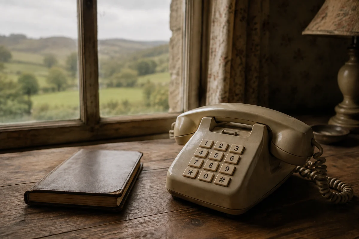 Illustration IA : ancien téléphone à touches et carnet fermé près de la fenêtre d’une maison de campagne.