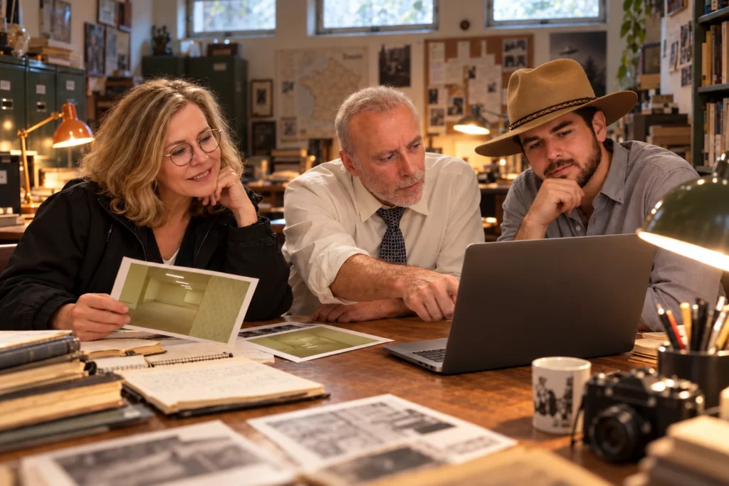 Alix, Yvan et Mathis examinent la photographie des Backrooms au Bureau